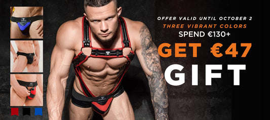Choose one of three vibrant colored €47 Fetish Jock with your €130+ order!