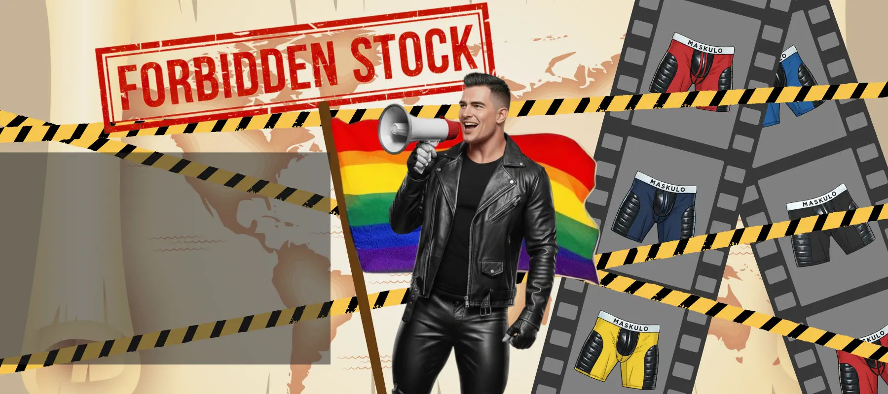 Man in leather jacket holding a megaphone with rainbow flag, pictures of Maskulo fetish shorts, 'FORBIDDEN STOCK' red stamp and world map.