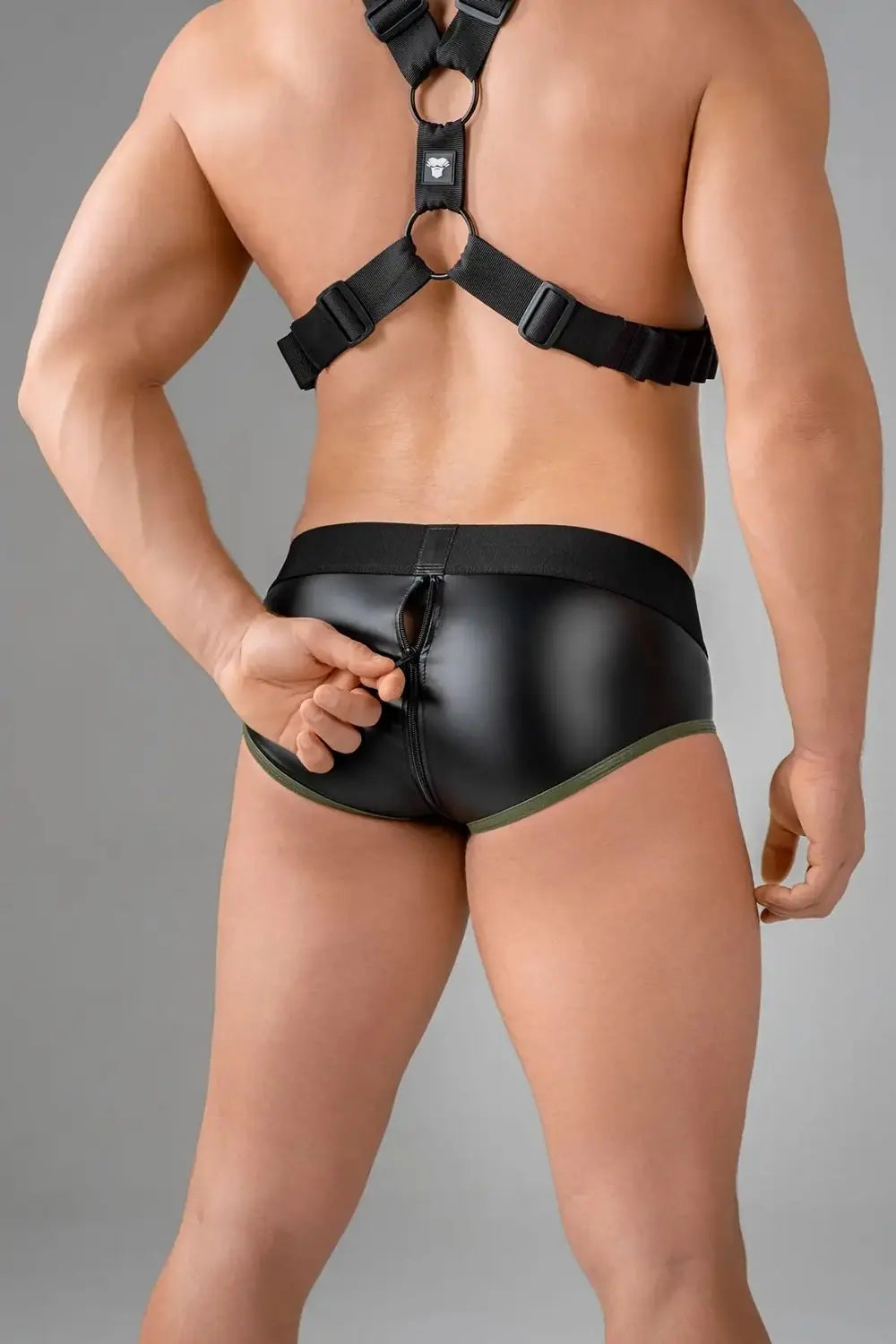 Maskulo black waist-high fetish briefs for men with codpiece and zipped rear, popular with leather fetish style and puppies subculture