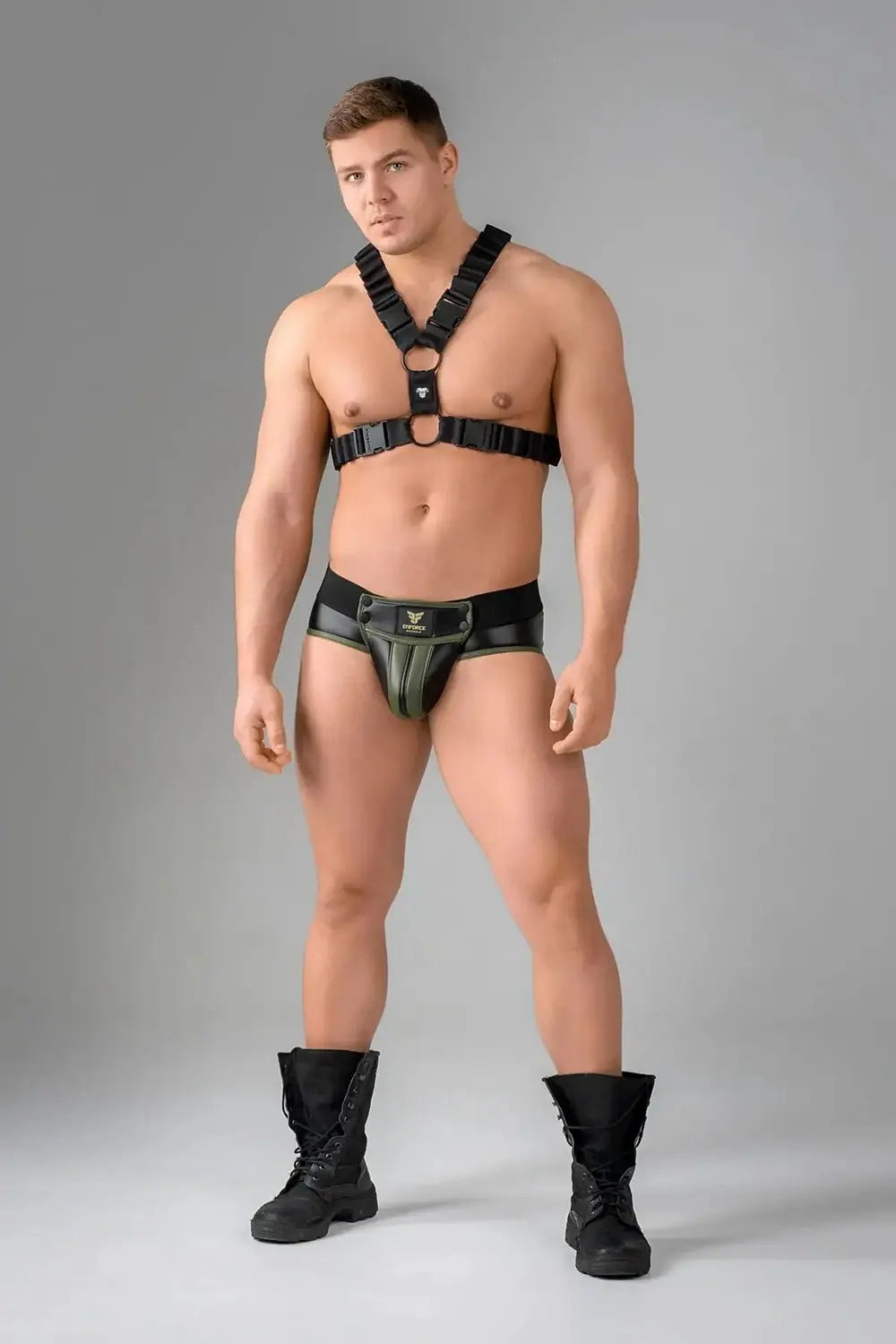 Maskulo Enforce black waist-high briefs with detachable codpiece and regular rear for men