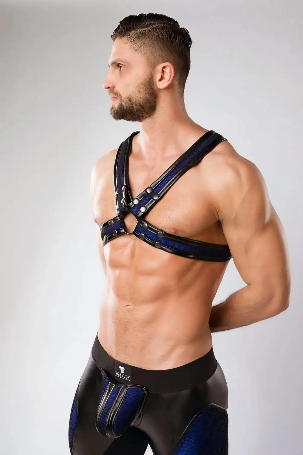 Maskulo Armored Color-Under blue-royal mesh Chest X-harness for urban Gen Z and gender-fluid people.