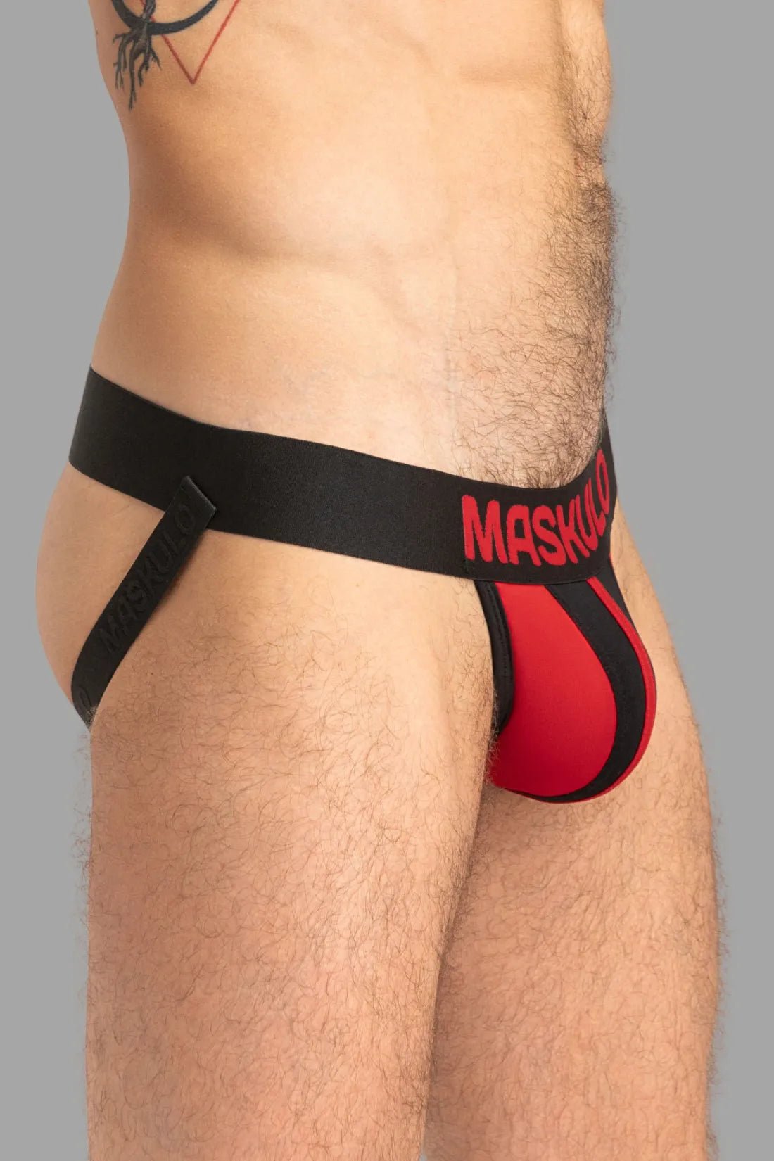 Tiger Jock with Pouch Snap Black and Red, a supportive and stylish jockstrap accessory from Maskulo for men.