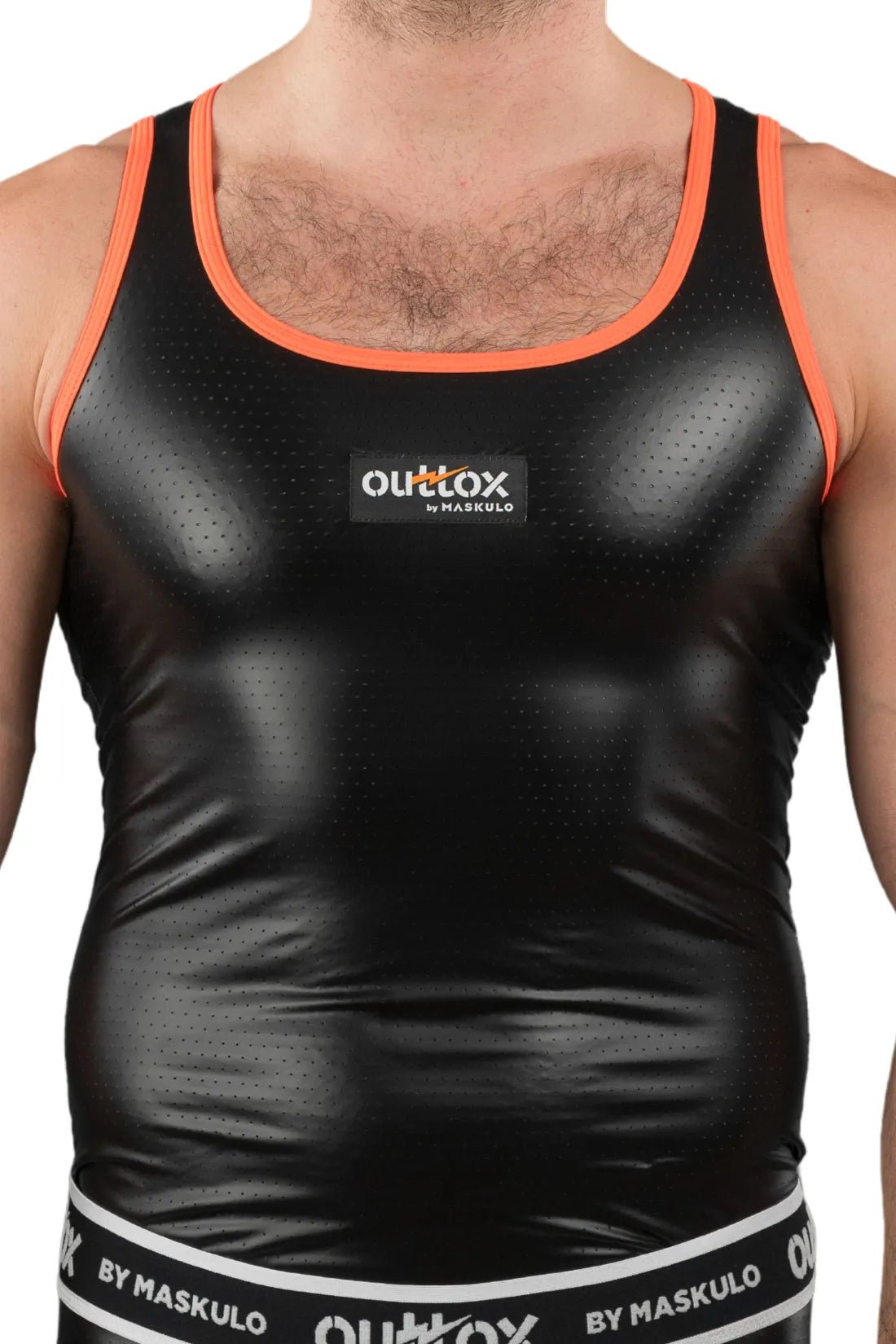 Black and orange Outtox by Maskulo tank top for adult males, size L. New condition, priced at 47. Available from Maskulo Global.