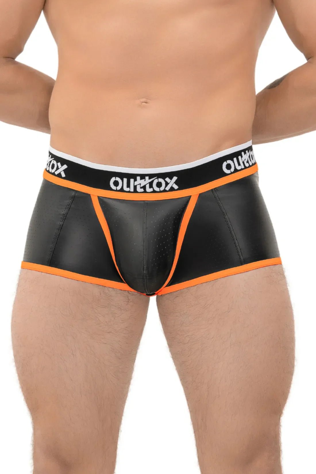 Outtox Shorts: Black/Orange open rear trunk with snap codpiece. Polyester/PU eco-leather blend for comfort and flexibility.