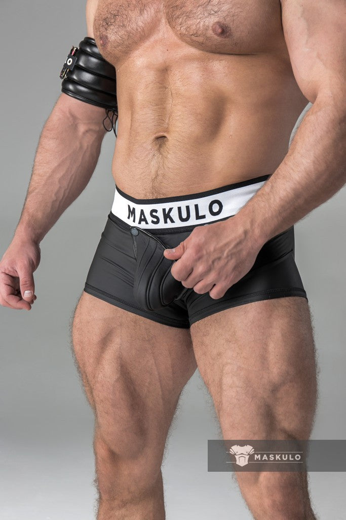 Armored. Rubber Look Trunk Shorts. Detachable pouch. Open Rear. Black