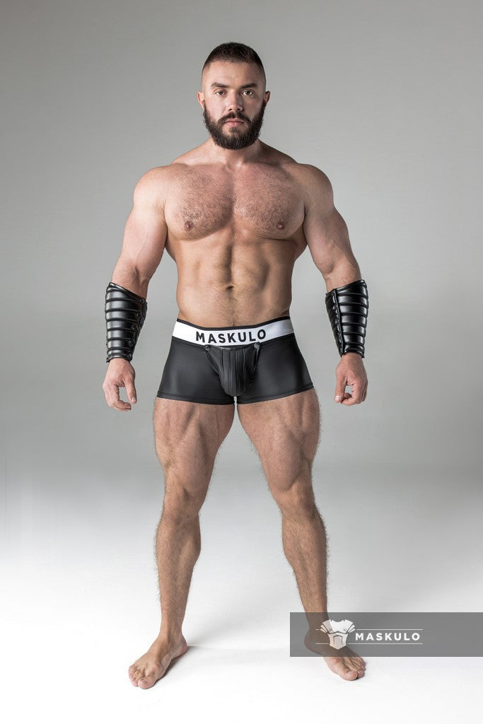 Armored. Rubber look Trunk Shorts. Detachable pouch. Zippered rear. Black