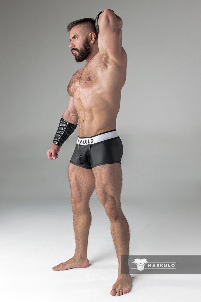 Armored. Rubber look Trunk Shorts. Detachable pouch. Zippered rear. Black