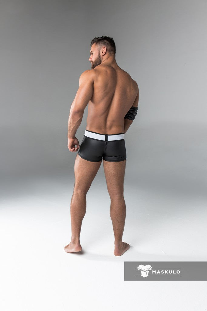 Armored. Rubber look Trunk Shorts. Detachable pouch. Zippered rear. Black