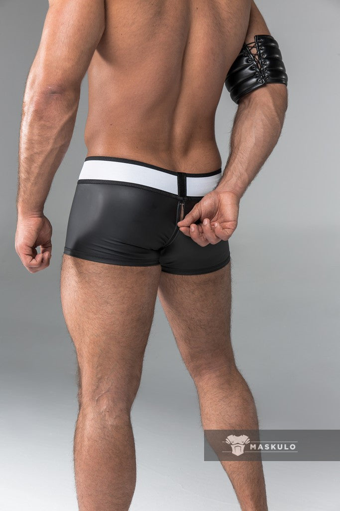 Armored. Rubber look Trunk Shorts. Detachable pouch. Zippered rear. Black