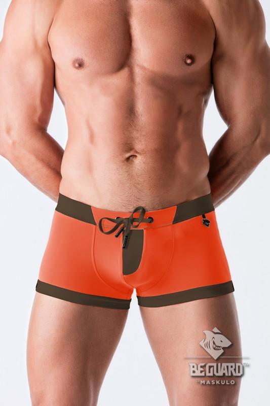 Swimming Trunk Shorts with Zip Imitation on the Front. Orange+Brown