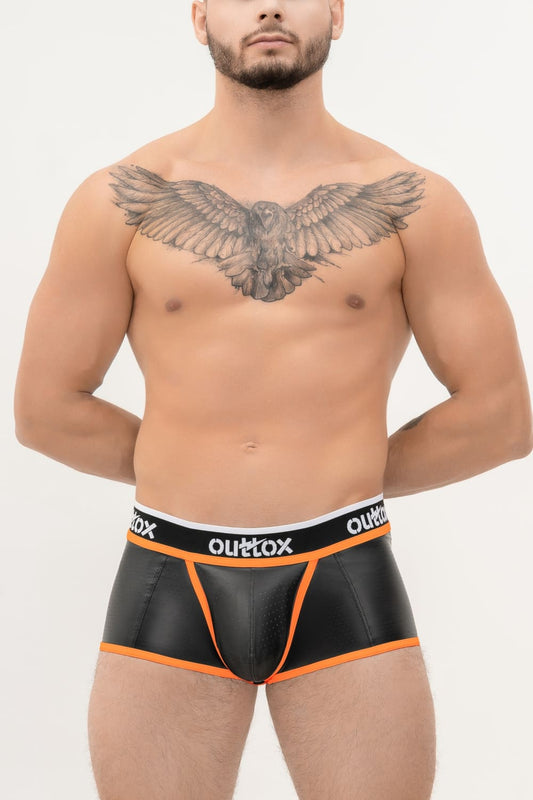 Outtox. Open Rear Trunk Shorts with Snap Codpiece. Black+Orange