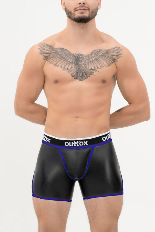 Outtox. Open Rear Shorts with Snap Codpiece. Black+Blue 'Royal'