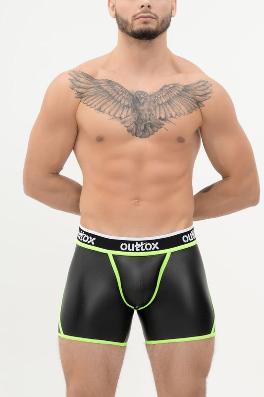 Outtox. Wrap-Rear Short Tights. Snap Codpiece. Black+Green 'Neon'