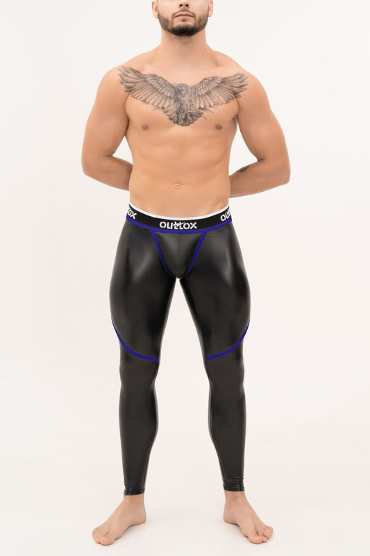 Outtox. Zip-Rear Leggings with Snap Codpiece. Black+Blue 'Royal'