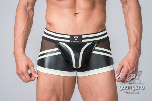 Youngero Generation Y. Men's Trunk Shorts. Codpiece. Zippered Rear. Black+White 'Neon'