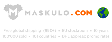 maskulo.com logo and text in English about the 99 EUR threshold for free delivery, shipping from the EU stockroom and that for 10 years more than 100 thousand purchases were delivered to 101 countries of the world, and promo rates for DHL Express delivery