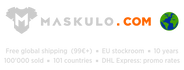 maskulo.com logo and text in English about the 99 EUR threshold for free delivery, shipping from the EU stockroom and that for 10 years more than 100 thousand purchases were delivered to 101 countries of the world, and promo rates for DHL Express delivery