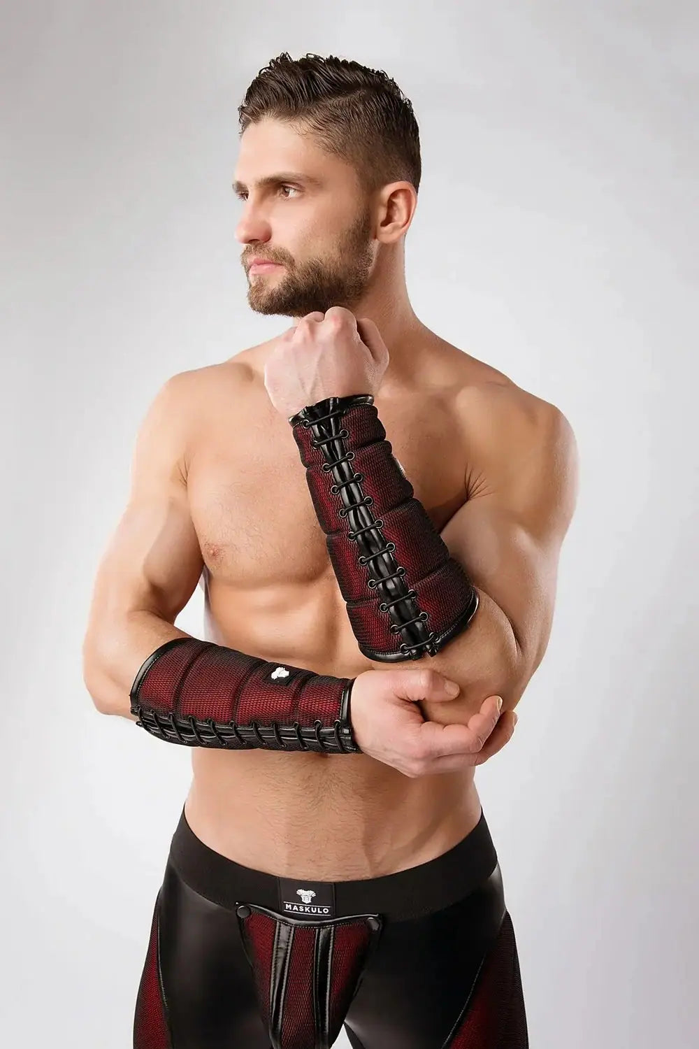 Maskulo red Armored Color-Under forearm guard wallet for men with black mesh and zipper pocket for fitness and travel