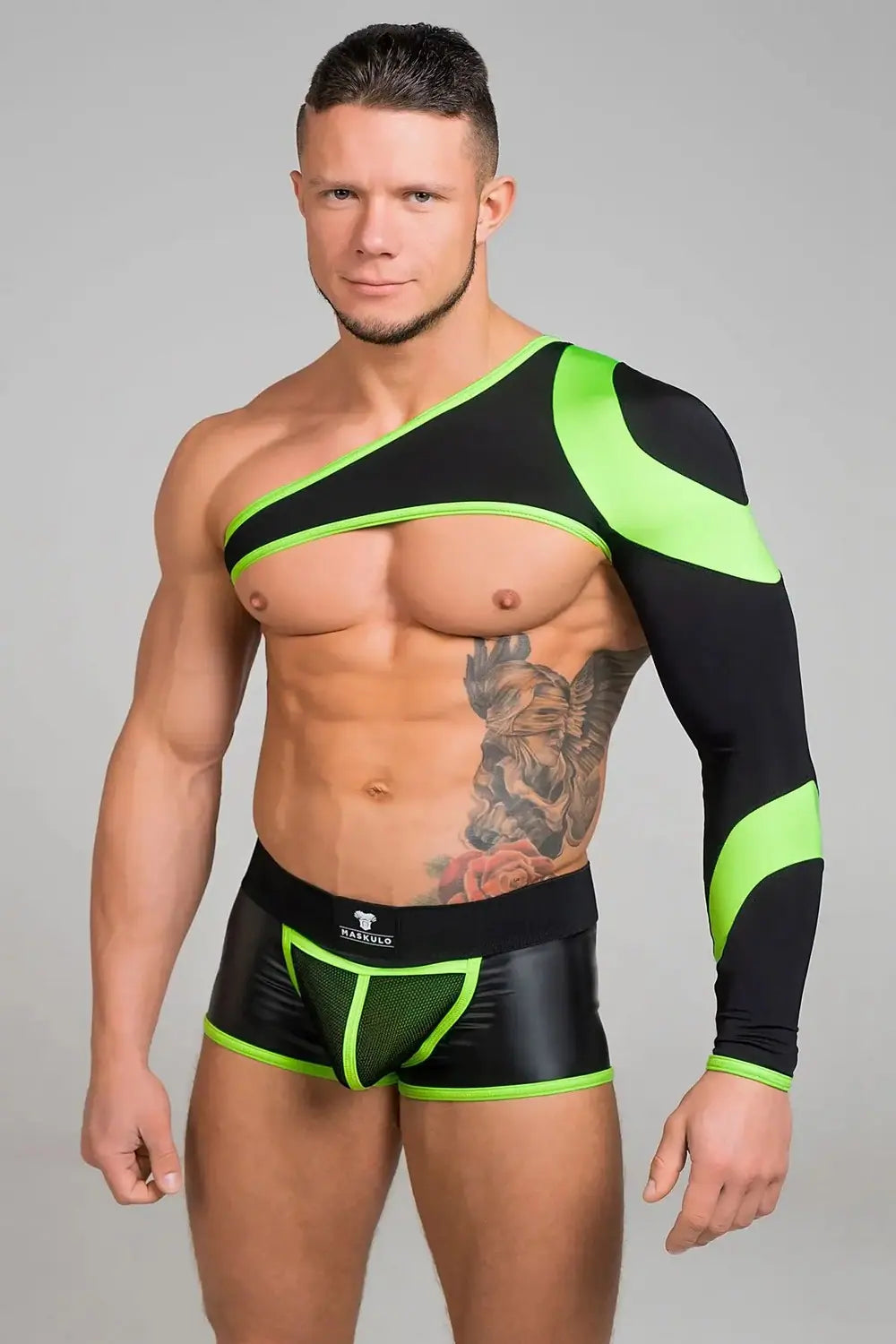 Maskulo neon green and black UV-glowing asymmetric long-sleeved crop top for young urban customers, Youngero Classic
