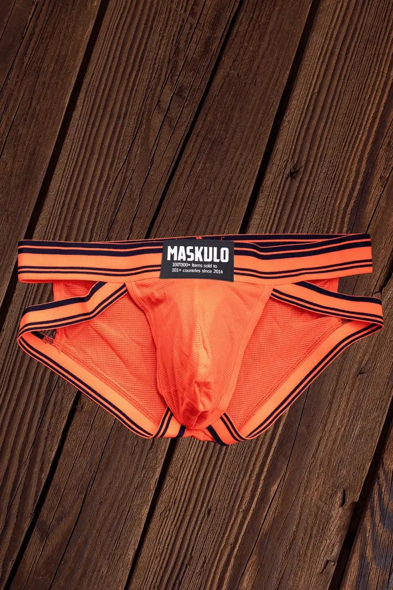 Micah Peacefield Everyday Briefs in orange by Maskulo. Two-tone nylon-mesh pouch, single layer for breathability, comfort, and elasticity.
