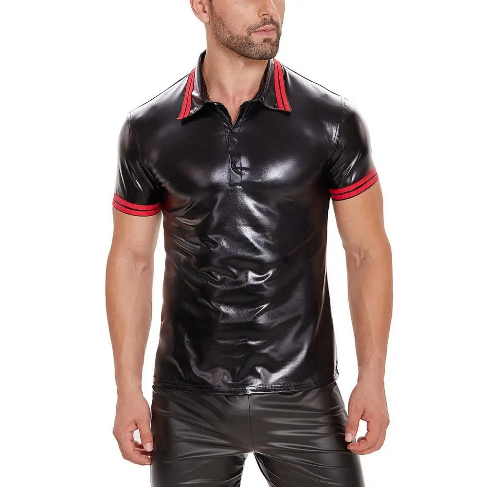 Polo Shirt of Black Shiny PU with Red Stripes - Maskulo - MTP179-Y1 - Maskulo EU Global Online Store