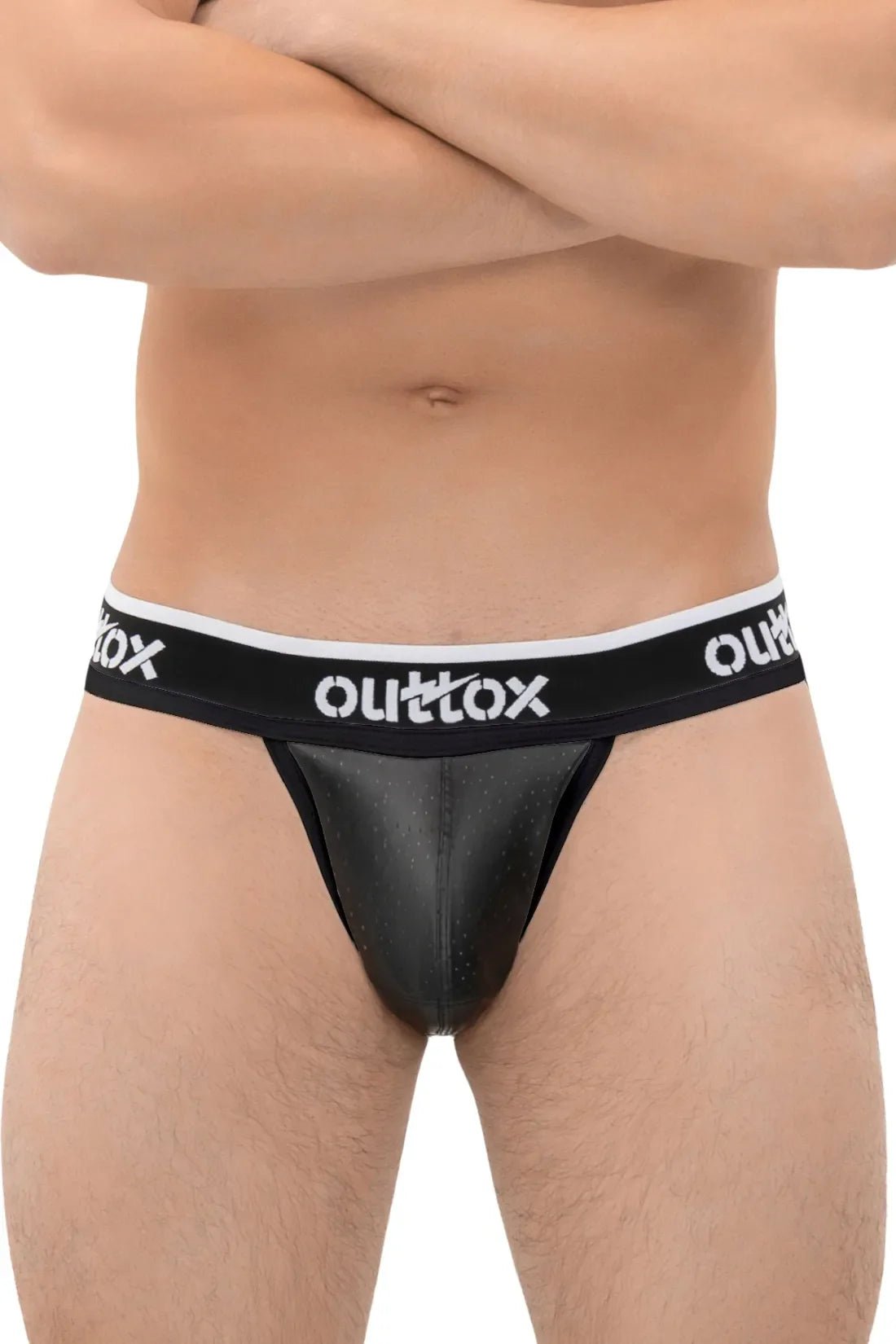 Maskulo Outtox Jock with Snap Codpiece in Black (Style XJS107, JS170-90). New male adult accessory.