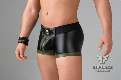EnForce. Waist-high Codpiece Trunk shorts. Zipped Rear