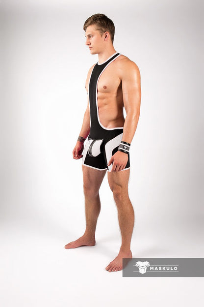 Youngero. Men's Wrestling Singlet. Codpiece. Zippered rear. Black+White 'Neon'