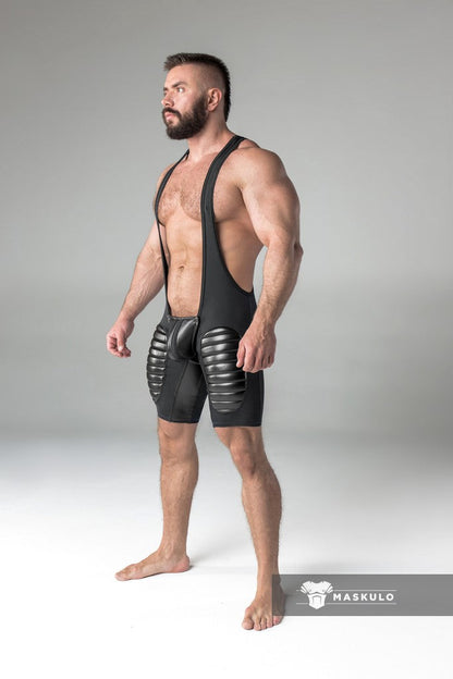 Armored. Men's Wrestling Singlet. Codpiece. Open Rear. Thigh Pads. Black