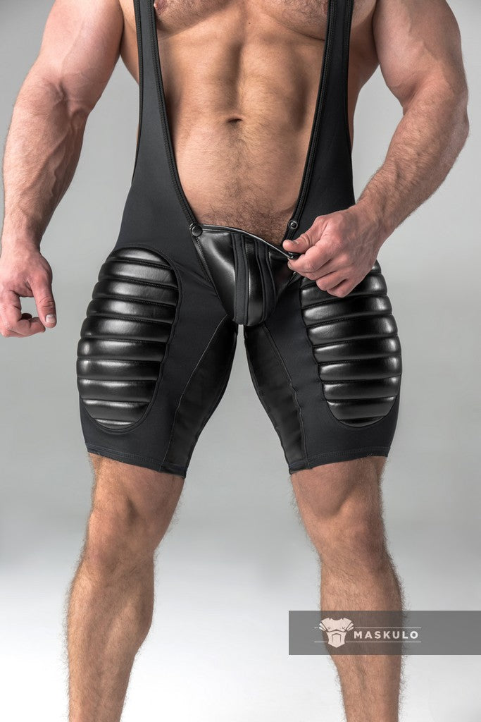 Armored. Men's Wrestling Singlet. Codpiece. Open Rear. Thigh Pads. Black